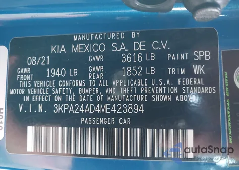 2021 Kia Rio S из США, поврежденный, VIN 3KPA24AD4ME423894